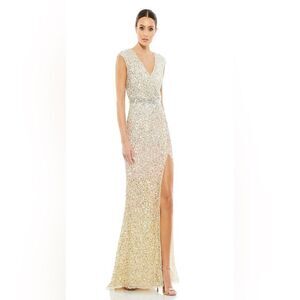 Mac Duggal glam sequin fabric and captivating V-neckline ombré long gown dress 0